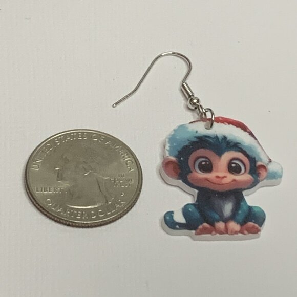 Monkey Earring, Santa Earring, Christmas Earring, Holiday Earring, Gift Idea - Picture 3 of 4